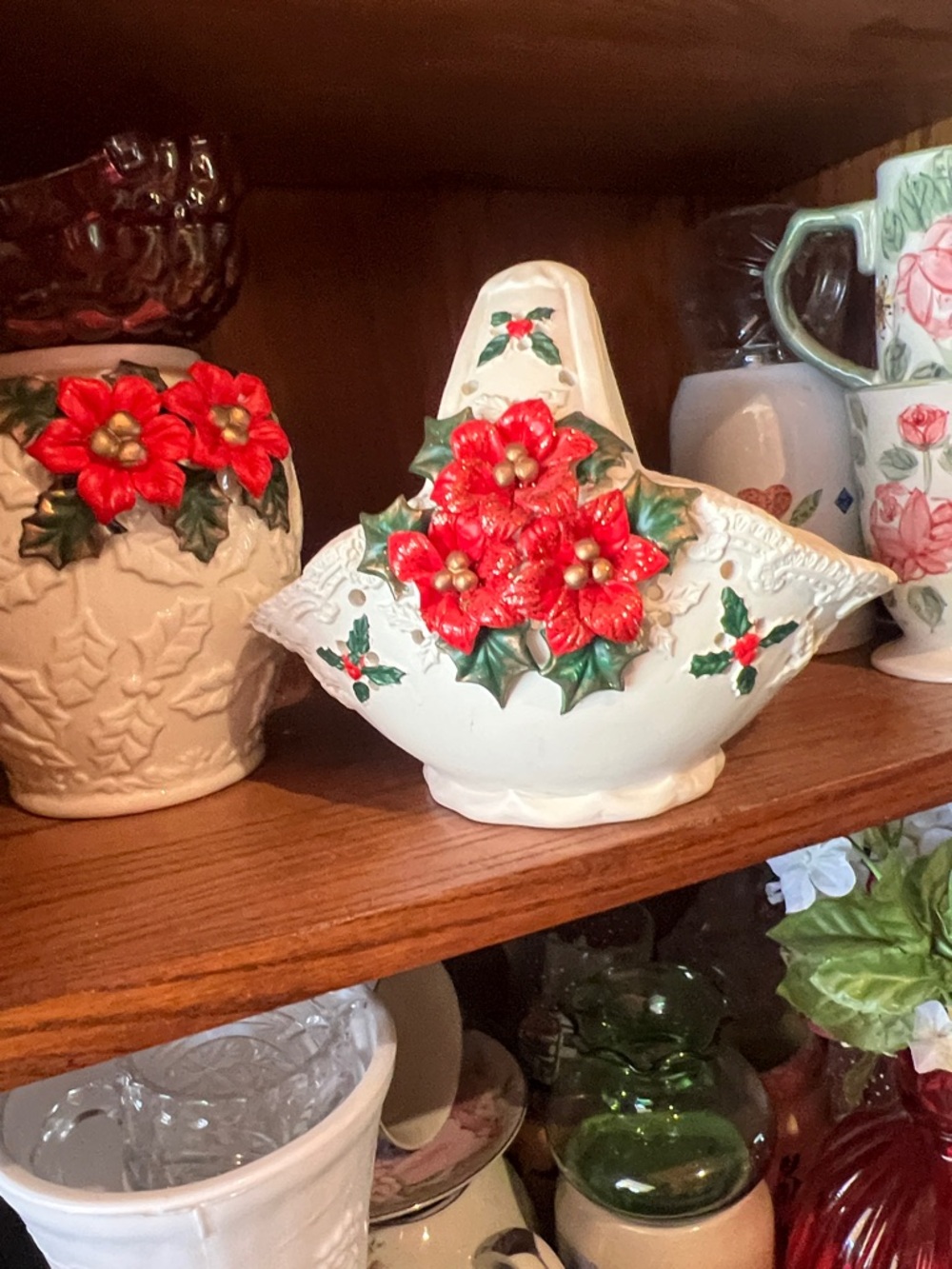 Vintage White Ceramic Basket with Red Poinsettia Accents